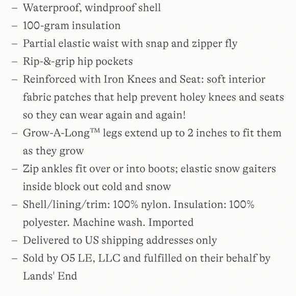 Lands' End Blue Kids Husky Squall Waterproof Insulated Iron Knee Snow Pants 20H - Picture 13 of 14